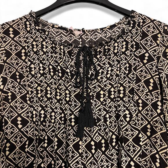 Free People Marlow Size XS Black Cream Boho Swing Dress Peasant Tunic Tie Neck - Picture 4 of 12